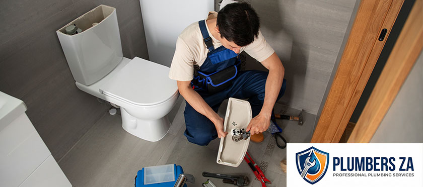 Plumber fixing emergency toilet problems including blocked or leaking toilets in Gauteng