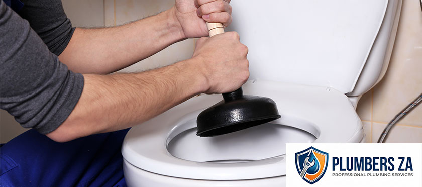 Plumber plunging a blocked toilet during professional toilet repair service in Gauteng